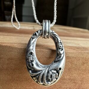 LYRIC Pendant Necklace 19 Inch 2 Natural Diamonds Oval Scroll 925 Sterling 19.4g